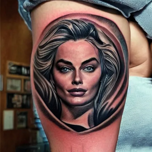 Prompt: face morph tattoo design of margot robbie and beautiful mountain scenery, in the style of arlo dicristina, amazing detail, mash up