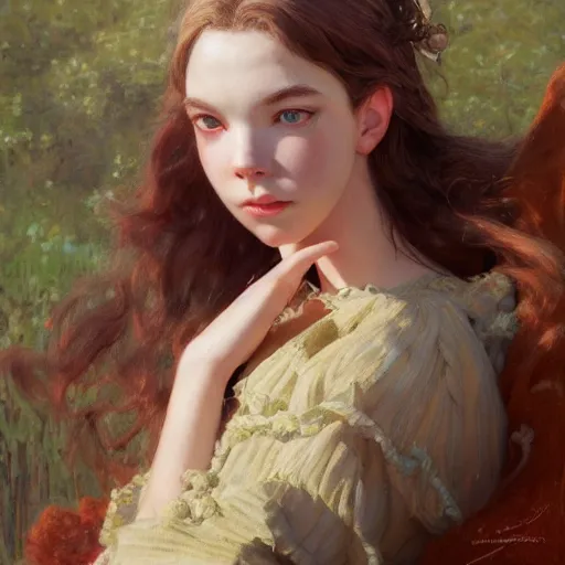 Prompt: detailed high fashion studio portrait of an anime anya taylor joy, eyes closed, sun light, painting by gaston bussiere, craig mullins, j. c. leyendecker