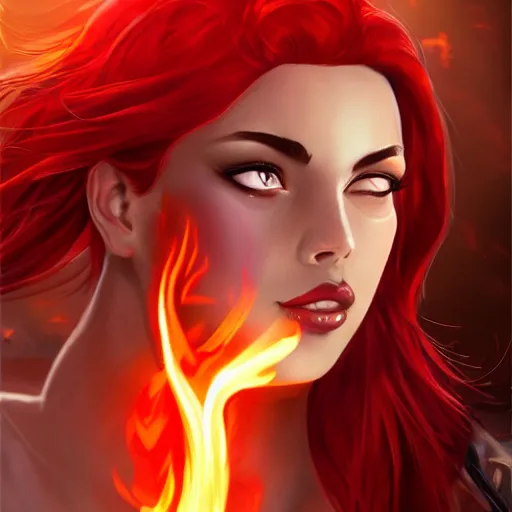 Image similar to a goddess with red hair and red dress with a fire aura headshot, trending on artstation