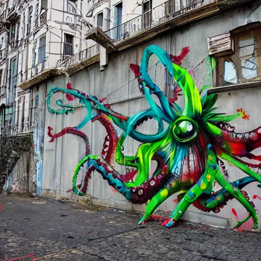 Prompt: octopus street graphitti, tentacles, by bordalo ii and artur bordalo