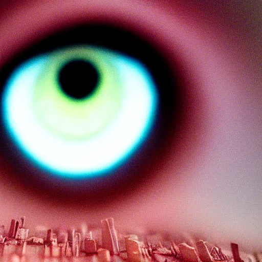 Image similar to very closeup shot, photo of an city inside girls' eye iris , award winning shot