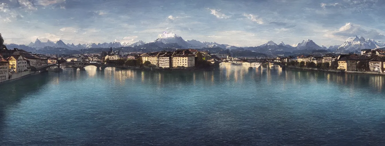 Prompt: Digital painting of Zurich, Limmat and the lake, wide angle, volumetric light, caribean water, hyperdetailed, Alps in the background, artstation, cgsociety, 8k