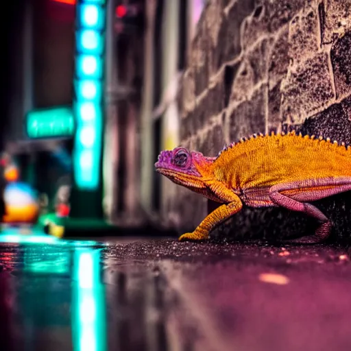 Prompt: a high quality photo of a chameleon on the streets of a cyberpunk city, rainy, reflective ground, neon lights, realism, 8k