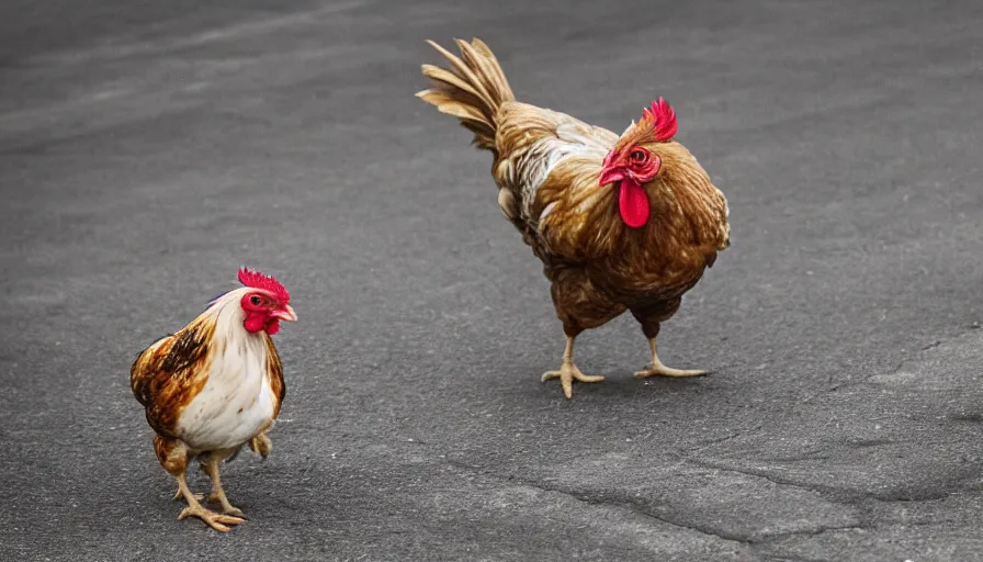 Prompt: a Chicken with a shotgun running after a man, 4k photography award winning,