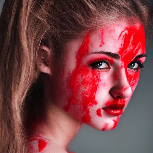 Prompt: female face liquifying in red colors
