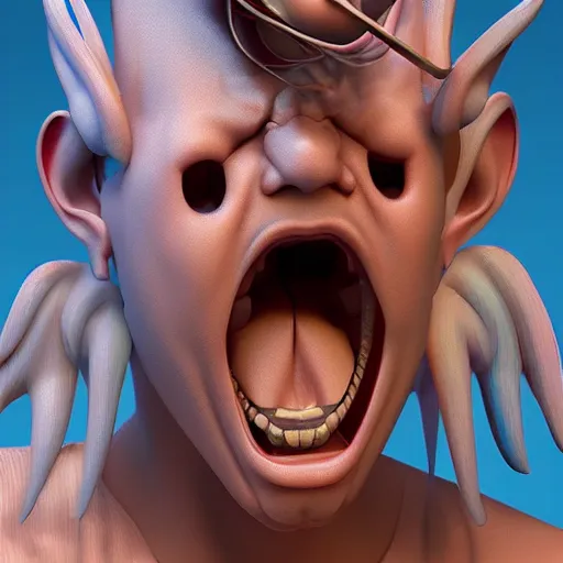 Image similar to a digital 3 / 4 portrait of a crazy eyed greek god yelling, by antonio mello, 3 d nft, nendoroid 3 d, cyberpunk artm, cgsociety, seapunk, anime aesthetic, rendered in maya