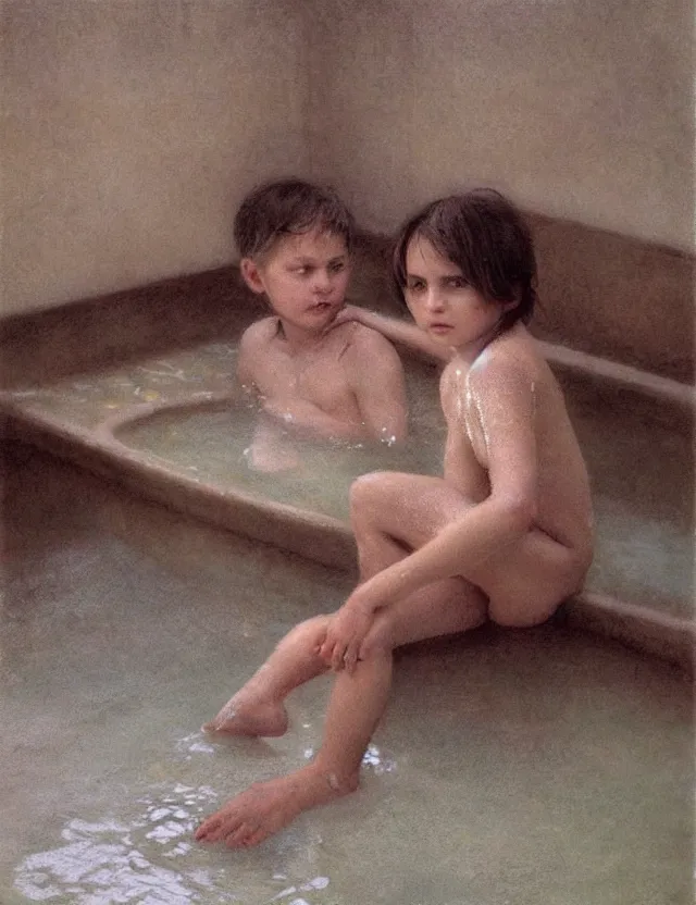 Prompt: peasant kid having bath in a basin, splashes of water, cottage core, cinematic focus, polaroid photo bleached vintage pastel colors high - key lighting, soft lights, foggy, by steve hanks, by lisa yuskavage, by serov valentin, by tarkovsky, detailed, oil on canvas