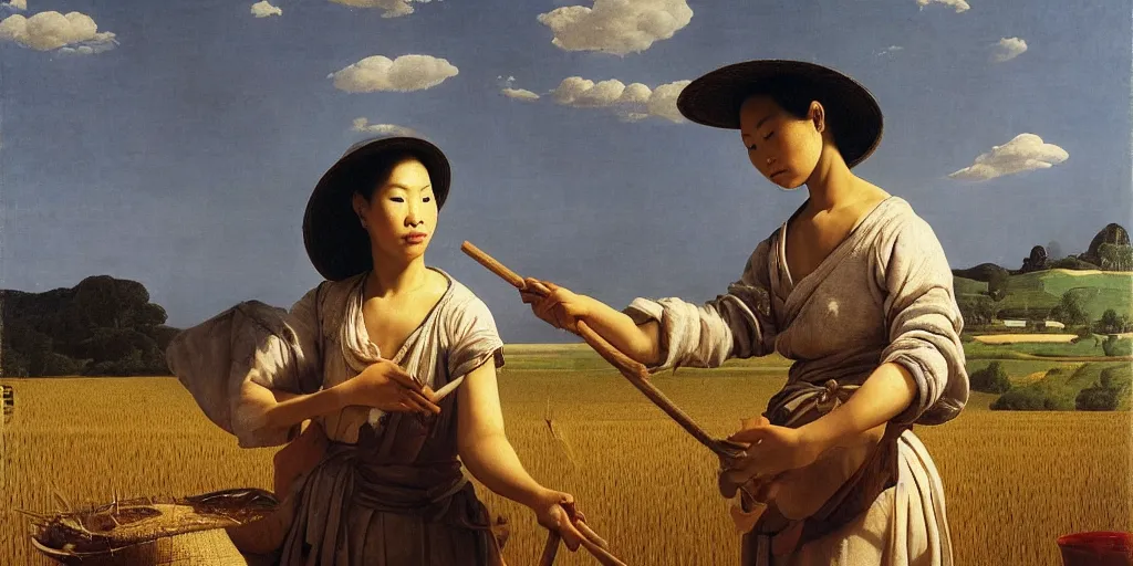 Prompt: beautiful oil matte portrait painting, vietnamese woman of a rice field tending to her work, wonderful masterpiece highly detailed, beautiful cinematic light deep focus, elegant, digital painting, smooth, sharp focus, golden ratio, dramatic illumination, ultra realistic, 8 k, art by artemisia lomi gentileschi and caravaggio