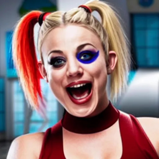 Image similar to A still of Kaley Cuoco as Harley Quinn