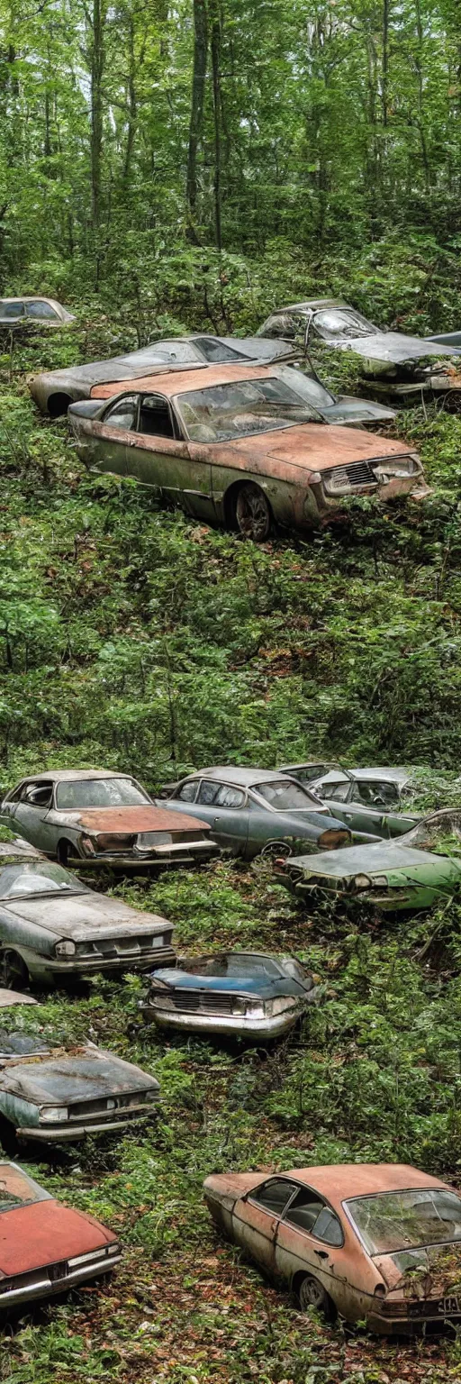 Image similar to a hi 8 footage still of a forest full of abandoned european sedans, coupes and vans with rust damage, broken parts and vegetation.