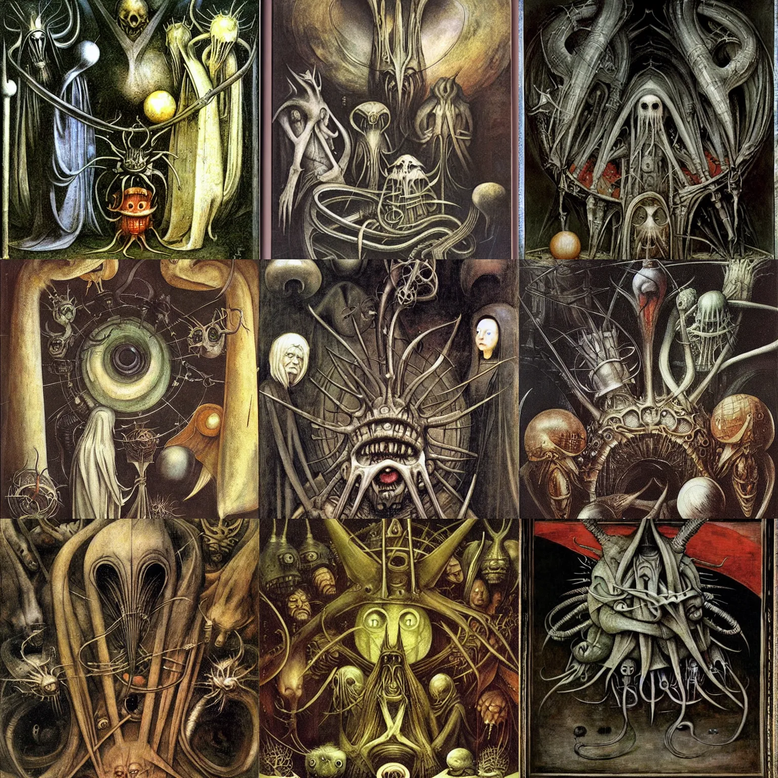 Prompt: the court of azathoth brian froud h r giger hieronymus bosch
