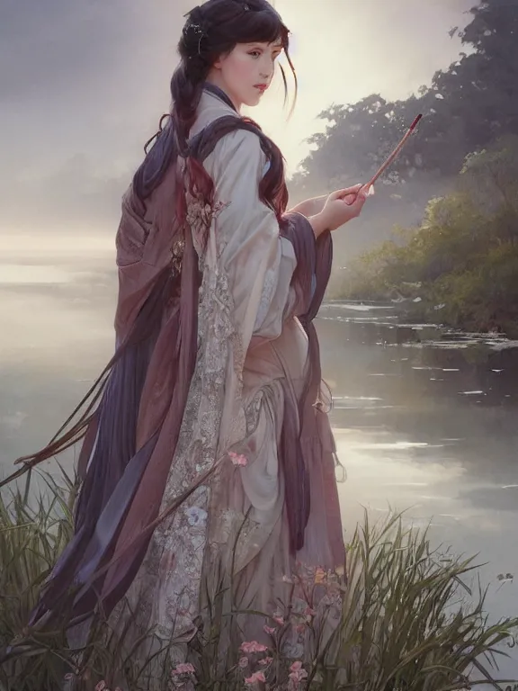 Prompt: portrait of a beautiful seductive slightly plump european girl wearing hanfu walking on water, farm background, fantasy, d & d, dark eyeliner, intricate, elegant, highly detailed, digital painting, artstation, concept art, matte, sharp focus, illustration, art by greg rutkowski and alphonse mucha