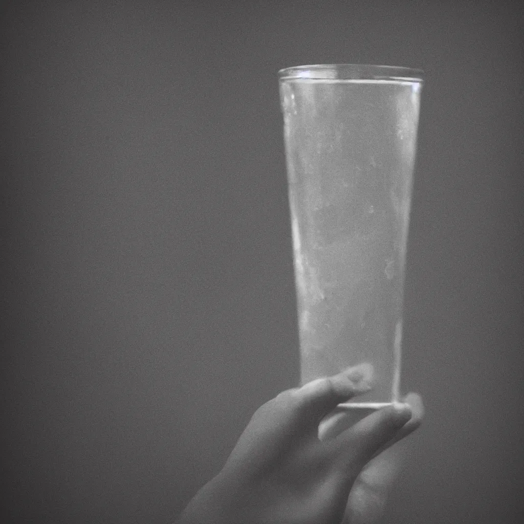 Prompt: close - up on a glass of water held by a female hand, blurred, depth of field, unframed, photography by denis villeneuve, david lynch and nadav kander, 8 k hyper realistic detailed cinematic still