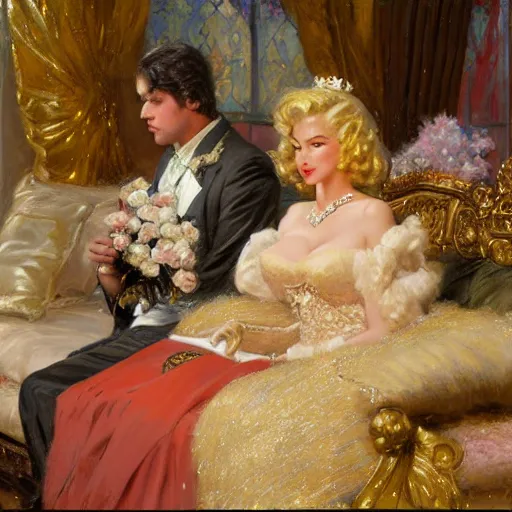 Image similar to painting of prince william marrying attractive marilyn monroe, painting at the victoria and albert museum, highly detailed painting by gaston bussiere, craig mullins, j. c. leyendecker 8 k