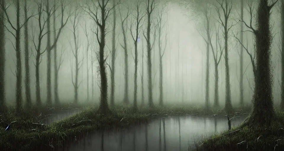 Prompt: A dense and dark enchanted forest with a swamp, by lee madgwick