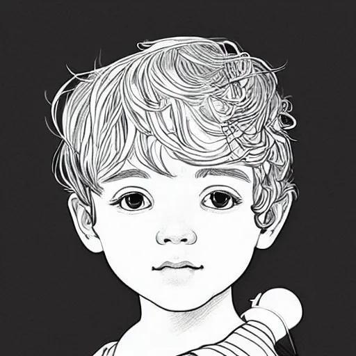 Prompt: clean simple line art of a little boy with short hair. no background. plain white background. well composed, clean coloring book page, beautiful detailed face. coloring book line art by greg rutkowski and johanna basford and alphonse mucha