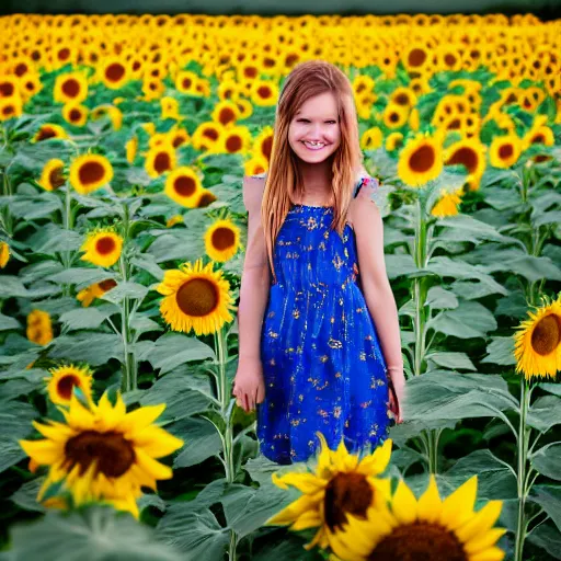 Image similar to Portrait, Illustration of a Ukrainian girl Smiling, Beautiful pretty young, flowers in her dark hair, Scene: Sunflower field, Colors: Yellow sunflowers, blue cloudy sky, In a style of Full Frame
