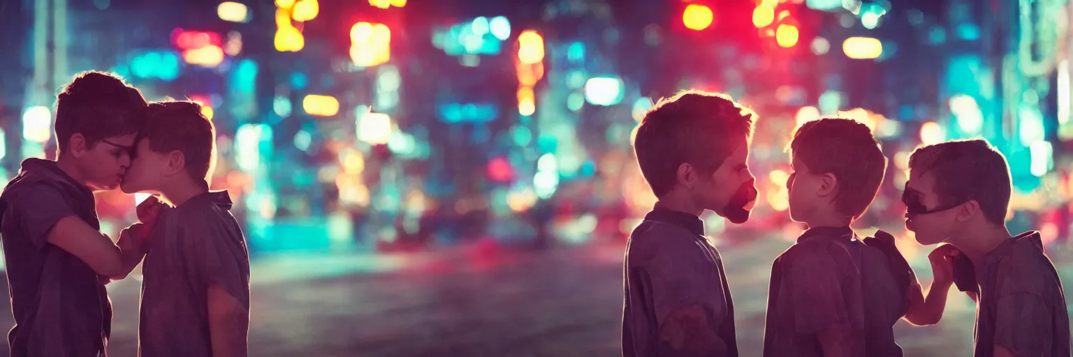 Prompt: two boys kissing in front of a cyberpunk city, neon lights, bokeh, award wining photograph, movie still,