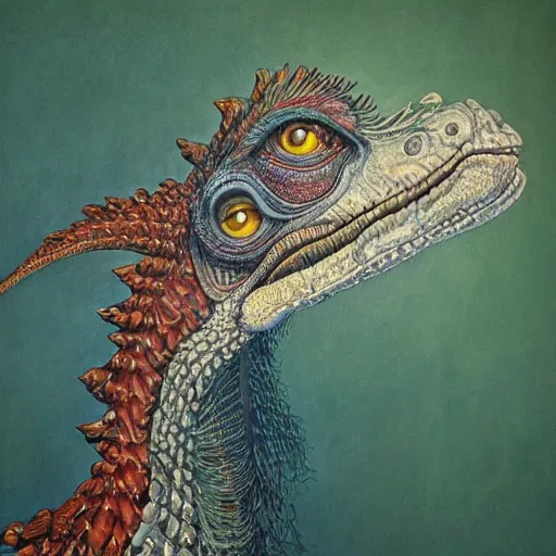 Image similar to portrait of velociraptor,, artwork by Daniel Merriam,