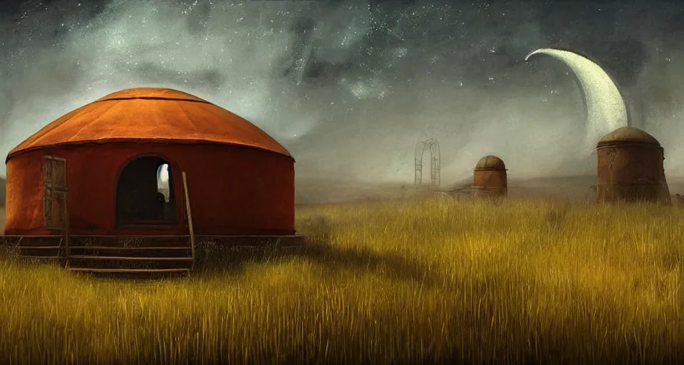 Image similar to night, stars shining, a yurt, in the steppe, summer field, misty background, in background a rusty building construction of spiral upside - down stairs!!, from the game pathologic 2, highly detailed, sharp focus, matte painting, by isaac levitan and asher brown durand,