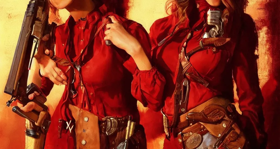 Prompt: a woman in a red wild west dress holding a shotgun, realistic painting by drew struzan, anatomically correct, beautiful, soft lighting, artstation