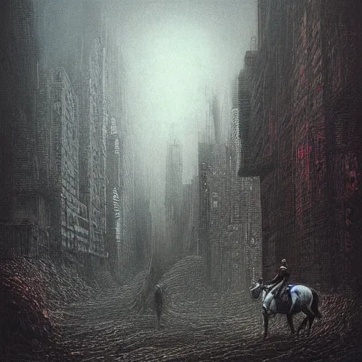 Prompt: cool apocalyptic traveler on a horse through a ruined new york city beksinski art style, highly detailed