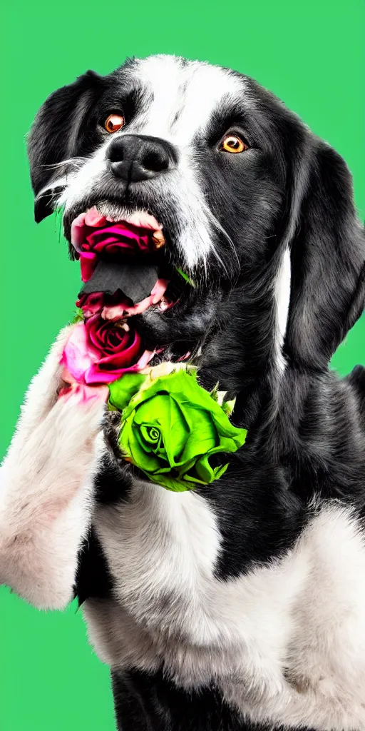 Image similar to black dog holding rose in his mouth, bright green eyes, studio lighting, 4 k, realistic, chromatic abberation, global illumination