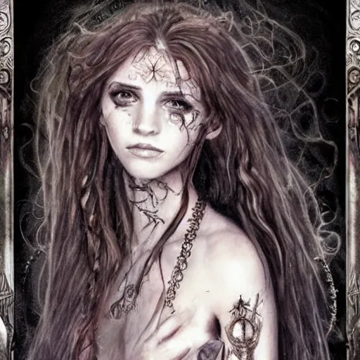 Image similar to dressed Hermione in tattoos conjuring with a magic wand, by luis royo, beautiful gown, beautiful eyes, Beautiful face, high detail, high resolution