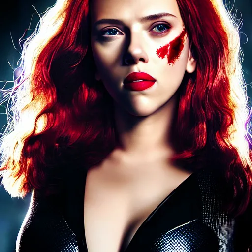 Image similar to scarlett johansson as the scarlet witch, studio lighting, photographic portrait, sigma 8 5 mm lens