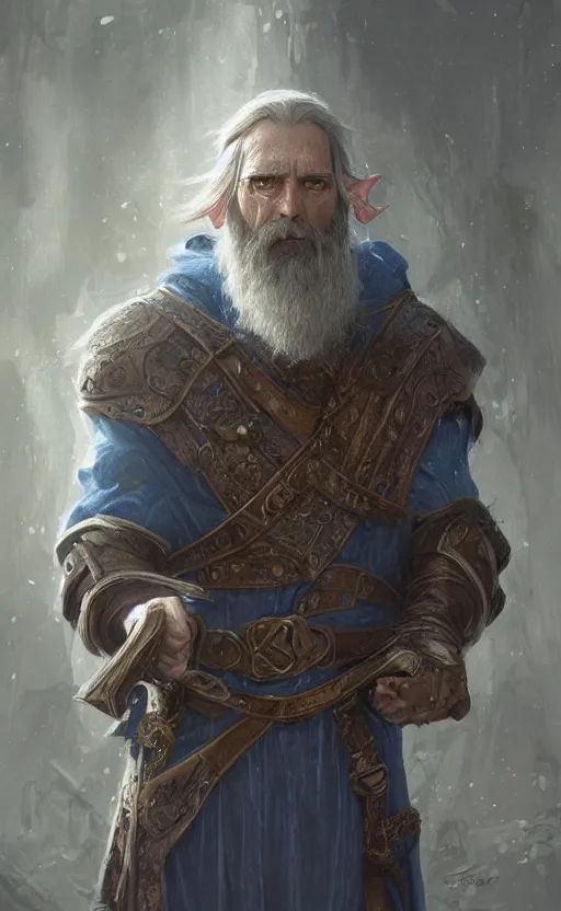 Image similar to portrait of a middle aged elf with a long beard, dressed in a blue cloak, brown grey hair, raised hand, clock iconography, detailed face, fantasy, highly detailed, cinematic lighting, digital art painting by greg rutkowski