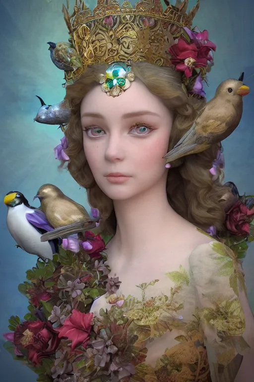 Image similar to face closeup, 3 d render of english princess holding birds, ornaments, background flowers, mucha vibe, dieselpunk, solarpunk, artstation