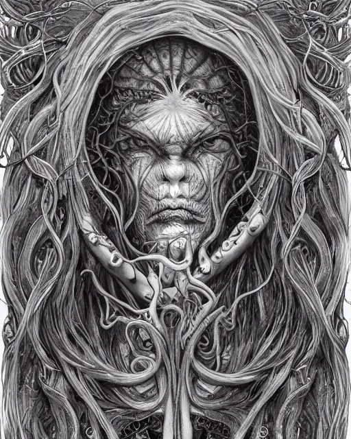 Image similar to centered beautiful detailed side view profile portrait of a insane, crazed, mad old woman with long grey hair, ornate tentacles growing around, ornamentation, thorns, vines, tentacles, elegant, beautifully soft lit, full frame, by wayne barlowe, peter mohrbacher, kelly mckernan, h r giger