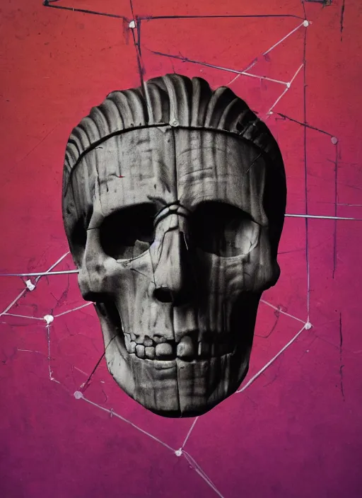 Image similar to elegant dark design poster showing a statue of julius caesar with a skull, black background with very subtle red and purple design elements, bold, powerful, nekro, vito acconci, thin straight purple lines, dark, glitch art, neo vaporwave, gritty, layout frame, square, trending on artstation