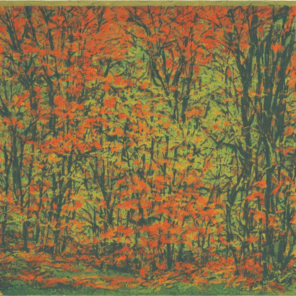 Image similar to a vintage risograph of an autumn landscape