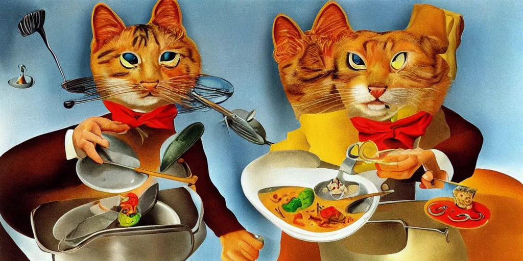 Image similar to anthropomorphic cat chef cooking a delicious colorful soup, by Salvador Dali