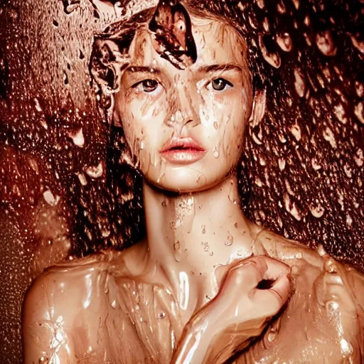 Image similar to close up of face of a wet fashion model in luxury dress, heavy rain, dramatic lighting, official dior editorial, highly detailed