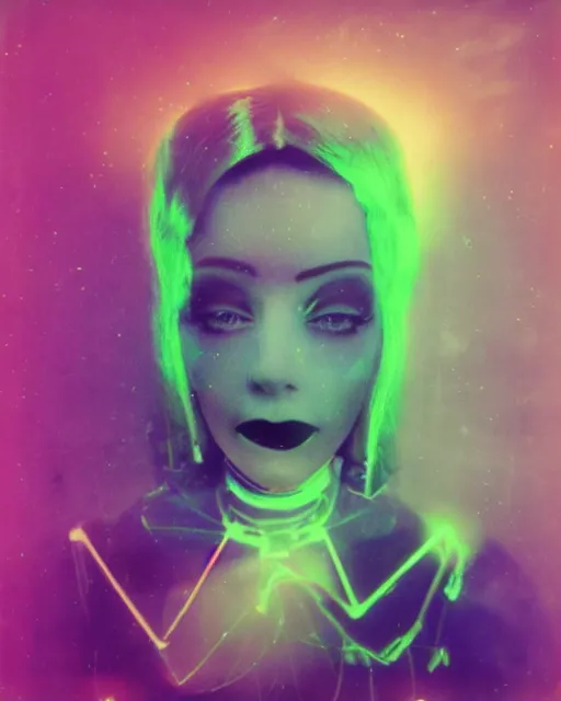 Prompt: cut and paste, flirty robotic woman's face, rouge hair, dark makeup, violet and yellow and green and blue lighting, polaroid photo, 1 9 8 0 s, atmospheric, whimsical and psychedelic, grainy, expired film, super glitched, corrupted file, ghostly, bioluminescent glow, sci - fi, twisty