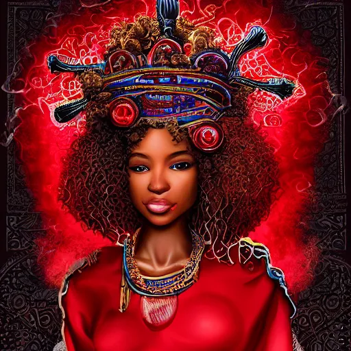 Prompt: Curly haired african priestess wearing a red cap, wild hair, in a beautiful flowing red dress surrounded by flames, clothes, intricate hellish decoration on the dress, on the background of an ancient cathedral, Designer clothes, fullbody, intricate, elegant, highly detailed, artstation, concept art, smooth, sharp focus, illustration, works by Artgerm and Greg Rutkowski, Alphonse Mucha and Craig Mullins, James Jean, Andrey Ryabovichev, Mark Simonetti and Peter Morbachergood clear quality, lighting, biology, symmetrical artwork, cinematic, hyper realism, high detail, octane render, 8k