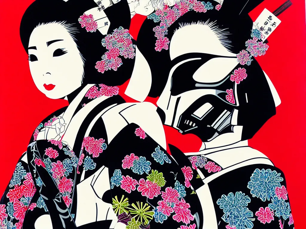 Image similar to hyperrealistic composition of the detailed woman in a japanese kimono sitting at a extremely detailed black jack table with hyperdetailed darth vader, fireworks, mountain fuji on the background, pop - art style, jacky tsai style, andy warhol style, acrylic on canvas