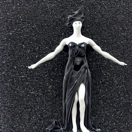 Image similar to a pretty magical mysterious woman made of black marble with white vein marble, dynamic pose