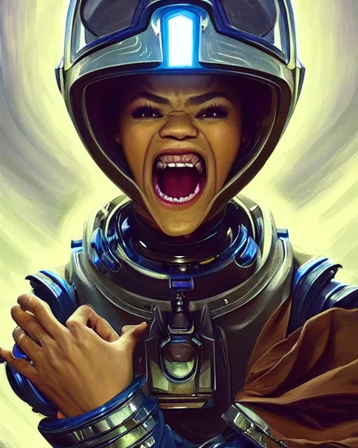 Prompt: zendaya screaming in fear in a space suit with a helmet levitating through the darkness of space, deep focus, D&D, fantasy, intricate, elegant, highly detailed, digital painting, artstation, concept art, matte, sharp focus, illustration, hearthstone, art by Artgerm and Greg Rutkowski and Alphonse Mucha