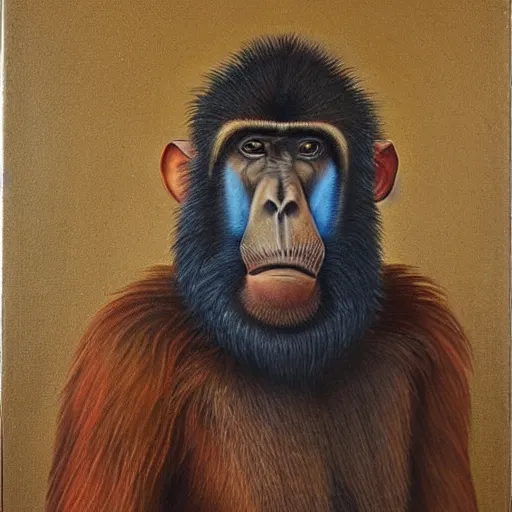 Image similar to An exquisite oil painting of a mandrill baboon dressed like Prince Philip with a lovely beard