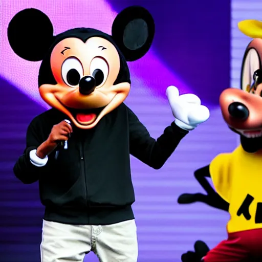 Prompt: kendrick lamar brings out goofy from mickey mouse on stage to rap