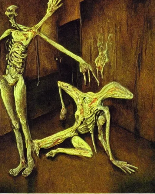Image similar to realistic detailed overhead image of a ribcage and a dead old couple in style of Francis Bacon and Willem de kooning, interior room with a pool of blood and stray dog barking, messy living room. Still from 1982 movie The Thing. Beksiński Masterpiece