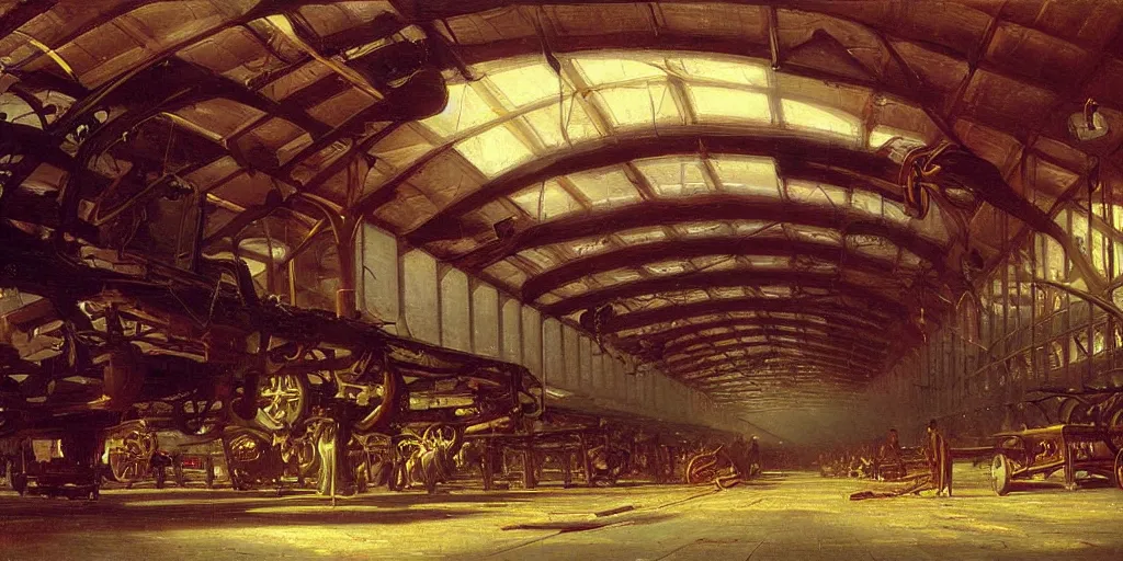 Prompt: Inside an automobile factory, very beautiful painting by Albert Bierstadt