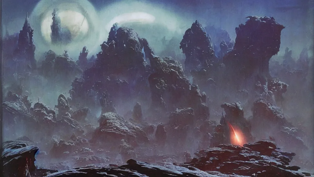 Image similar to eerie alien planet empire by frank frazetta and bruce pennington, cinematic matte painting