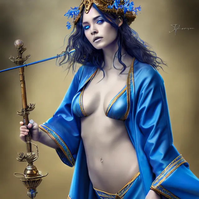 Image similar to beautiful elemental water witch with ornate blue robes and staff, highly detailed, 4 k, hdr, smooth, sharp focus, high resolution, award - winning photo, artgerm, photorealistic