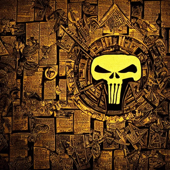 Prompt: scene is ancient dimly lit fantasy punisher library. open punisher book laying open to a page with many symbols and runes and symbols featuring one gold inlay punisher symbol. background light rays in dust