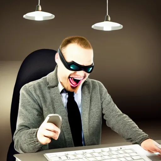 Prompt: Thief laughs maniacally while typing at a computer, wearing thief outfit, wearing goggles, photo manipulated