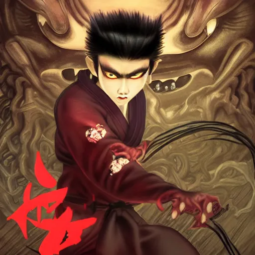 Image similar to yokai demon martial artist, handsome japanese demon boy, young adult yokai with long spiky black hair, vampiric skin, vantablack gi, red eyes, ultra realistic, intricate details, highly detailed, subsurface scattering, photorealistic, octane render, 8 k, art by artgerm, greg rutkowski, magali villeneuve, alphonse mucha